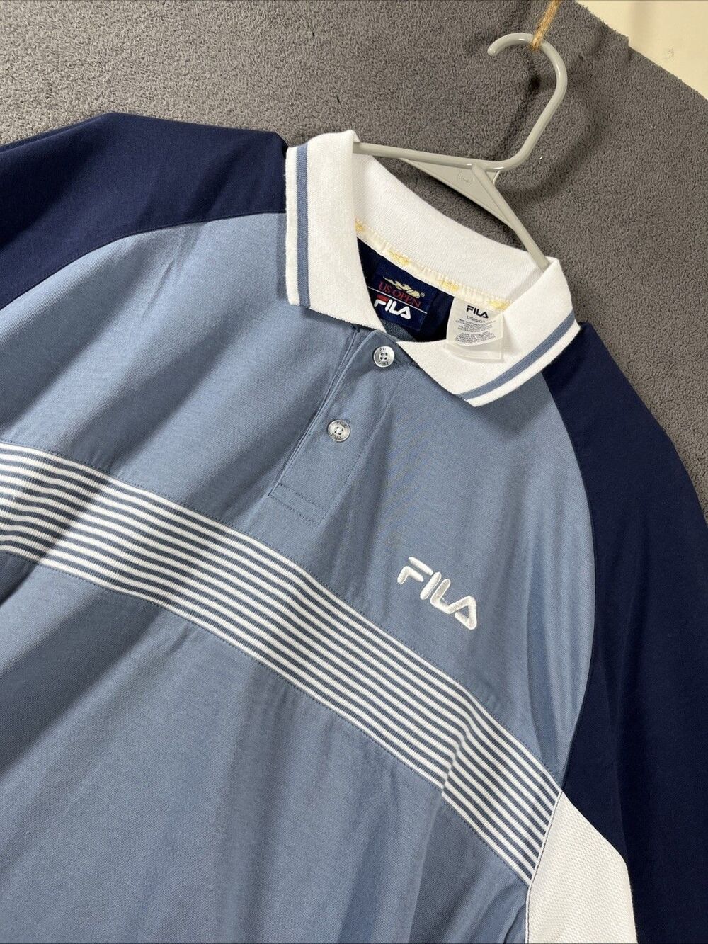 Fila US Open Polo Shirt Mens XL Blue Navy Short Sleeve Tennis Stripe